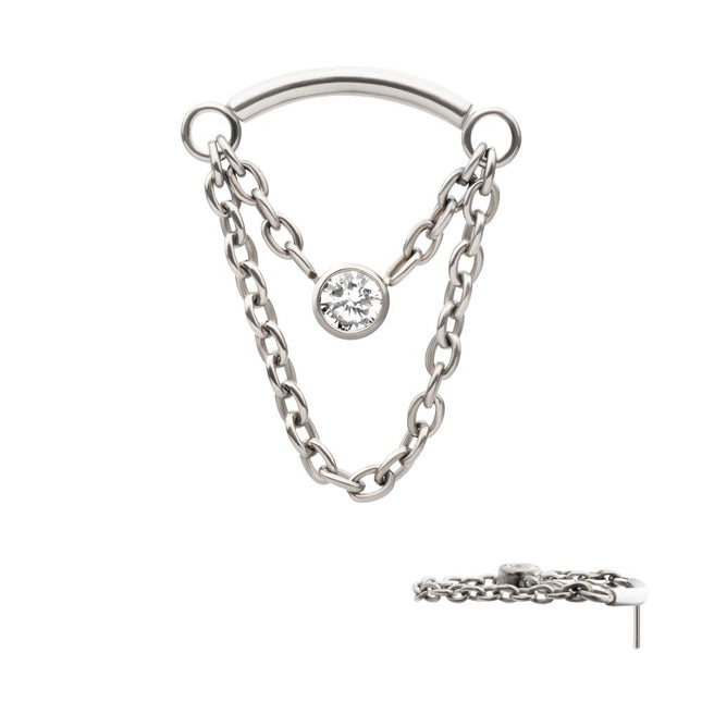 Invictus Titanium Threadless 2-Tier Dangle Chain Curved Bar Top with Bezel Round CZ