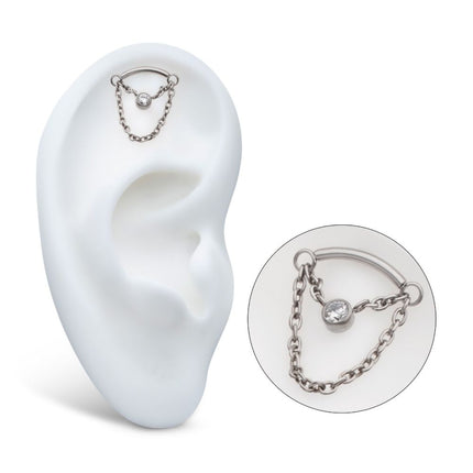 Invictus Titanium Threadless 2-Tier Dangle Chain Curved Bar Top with Bezel Round CZ