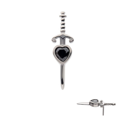 Invictus Titanium Threadless Dagger with Bezel Set Black Heart Gem Top
