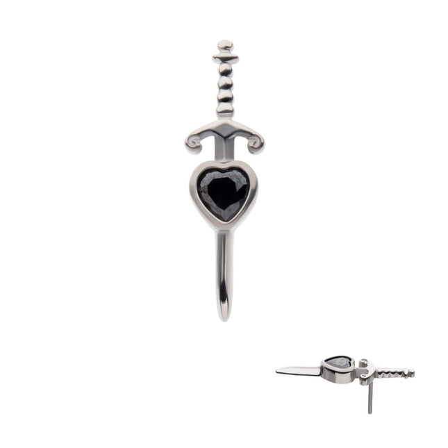 Invictus Titanium Threadless Dagger with Bezel Set Black Heart Gem Top