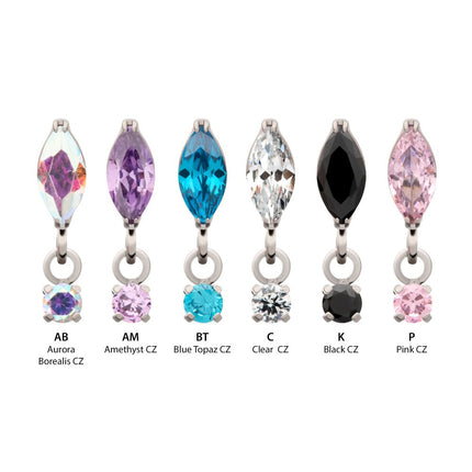 Invictus Titanium Threadless  Marquise Top with Prong Set Gem Dangle