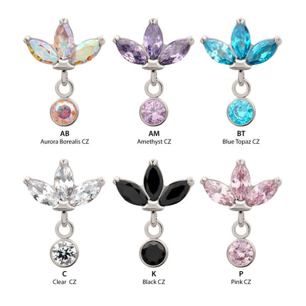 Invictus Titanium Threadless 3 Marquise Fan Top with Bezel Gem Dangle