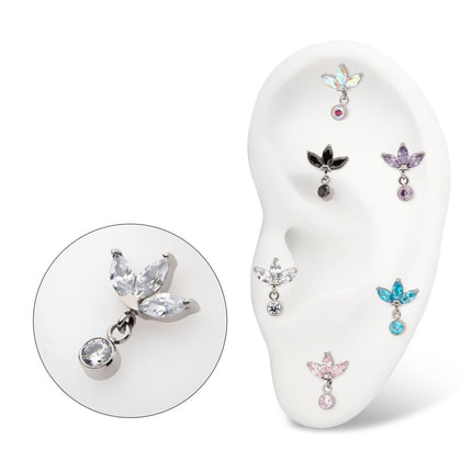 Invictus Titanium Threadless 3 Marquise Fan Top with Bezel Gem Dangle