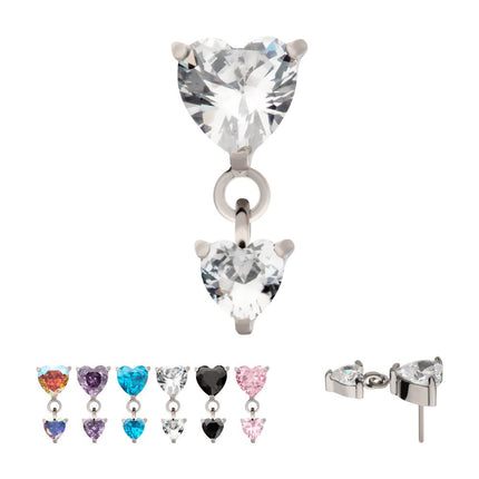Invictus Titanium Threadless Prong Set Double Heart Gem Dangle Top