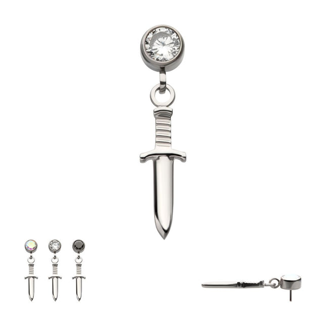 Invictus Titanium Threadless Bezel Round CZ Dangle Dagger Top