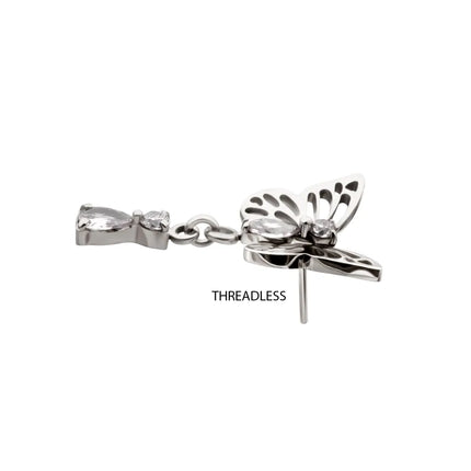 Invictus Titanium Threadless Butterfly Top with Prong Set 2-Gem Dangle