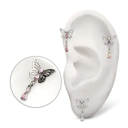 Invictus Titanium Threadless Butterfly Top with Prong Set 2-Gem Dangle