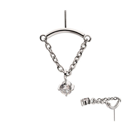 Invictus Titanium Threadless Vertical Helix Curved Bar Top with CZ Gem Chain Dangle