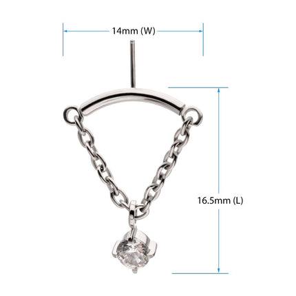 Invictus Titanium Threadless Vertical Helix Curved Bar Top with CZ Gem Chain Dangle