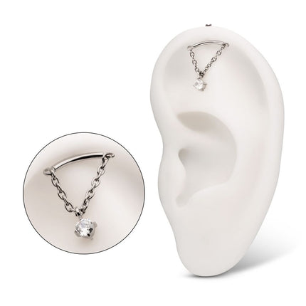 Invictus Titanium Threadless Vertical Helix Curved Bar Top with CZ Gem Chain Dangle