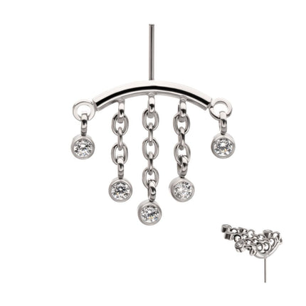 Invictus Titanium Threadless Vertical Helix Curved Bar Top with 5-Chain Bezel Gem Dangle