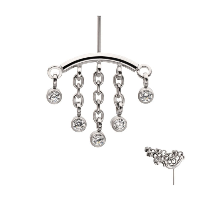 Invictus Titanium Threadless Vertical Helix Curved Bar Top with 5-Chain Bezel Gem Dangle