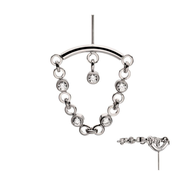 Invictus Titanium Threadless Vertical Helix Curved Bar Top with CZ Chain Dangle & Floating Gem