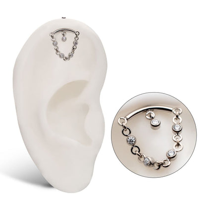 Invictus Titanium Threadless Vertical Helix Curved Bar Top with CZ Chain Dangle & Floating Gem