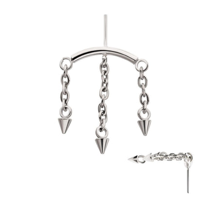 Invictus Titanium Threadless Vertical Helix Curved Bar Top with 3 Spiked Chain Dangle