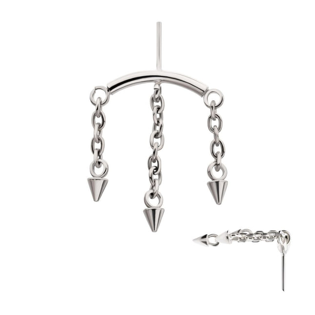 Invictus Titanium Threadless Vertical Helix Curved Bar Top with 3 Spiked Chain Dangle