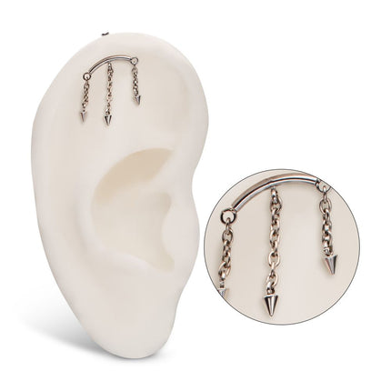 Invictus Titanium Threadless Vertical Helix Curved Bar Top with 3 Spiked Chain Dangle