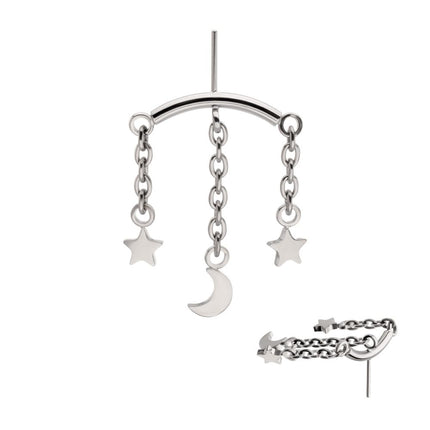 Invictus Titanium Threadless Vertical Helix Curved Bar Top with Crescent Moon and Star 3-Chain Dangle