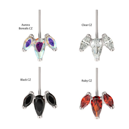 Invictus Titanium Threadless Vertical Helix V-Prong Pear Trio Blossom Cluster Top