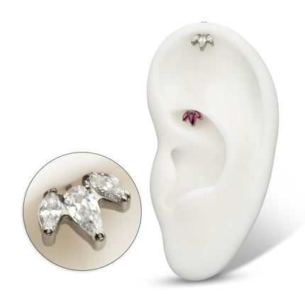 Invictus Titanium Threadless Vertical Helix V-Prong Pear Trio Blossom Cluster Top