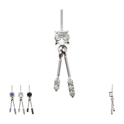 Invictus Titanium Threadless Vertical Helix Prong Set Gem Top with Duo Bar Dangle