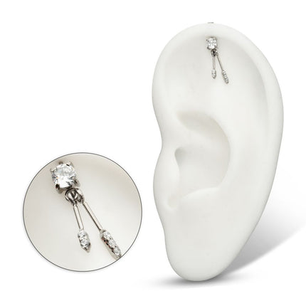 Invictus Titanium Threadless Vertical Helix Prong Set Gem Top with Duo Bar Dangle
