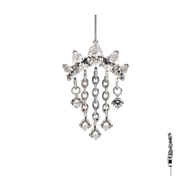 Invictus Titanium Threadless Vertical Helix 5-Cluster Teardrop Gem Curved Bar Top with 5-Chain Prong Gem Dangle