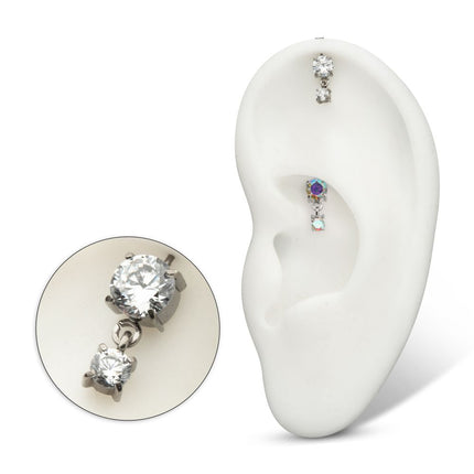 Invictus Titanium Threadless Vertical Helix Double 4-Prong CZ Gem Dangle Top