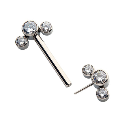 Invictus Titanium with One Side Fixed & One Side Threadless Nipple Barbell with Bezel Set CZ 3-Cluster Ends