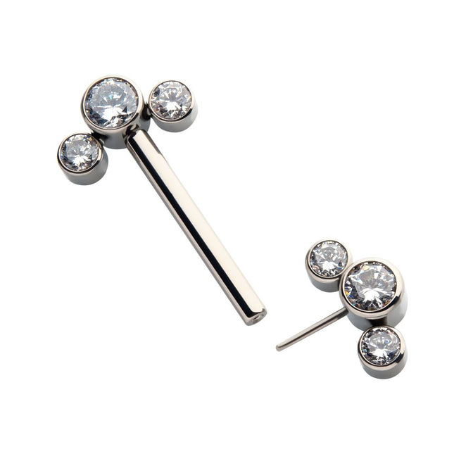 Invictus Titanium with One Side Fixed & One Side Threadless Nipple Barbell with Bezel Set CZ 3-Cluster Ends