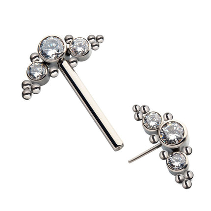 Invictus Titanium with One Side Fixed & One Side Threadless Nipple Barbell with Trio Beads & Bezel Set CZ 3-Cluster Ends