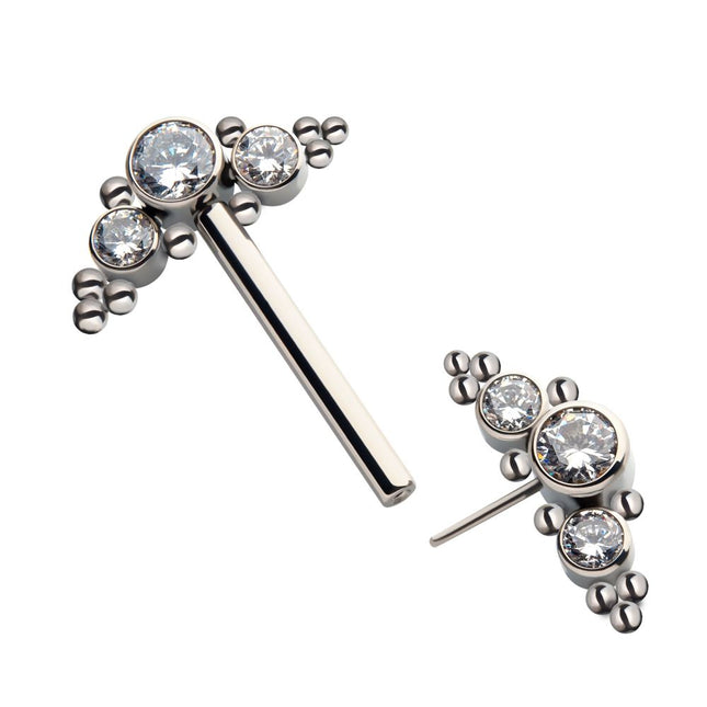 Invictus Titanium with One Side Fixed & One Side Threadless Nipple Barbell with Trio Beads & Bezel Set CZ 3-Cluster Ends