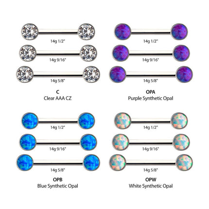 Invictus Titanium with One Side Fixed & One Side Threadless Nipple Barbell with Bezel Set CZ/Opal Ends