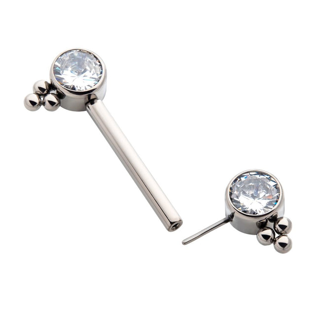 Invictus Titanium with One Side Fixed & One Side Threadless Nipple Barbell with Trio Bead &  Bezel Set CZ Ends