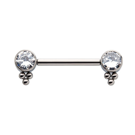 Invictus Titanium with One Side Fixed & One Side Threadless Nipple Barbell with Trio Bead &  Bezel Set CZ Ends