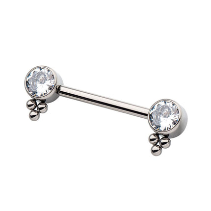 Invictus Titanium with One Side Fixed & One Side Threadless Nipple Barbell with Trio Bead &  Bezel Set CZ Ends