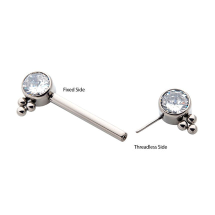 Invictus Titanium with One Side Fixed & One Side Threadless Nipple Barbell with Trio Bead &  Bezel Set CZ Ends