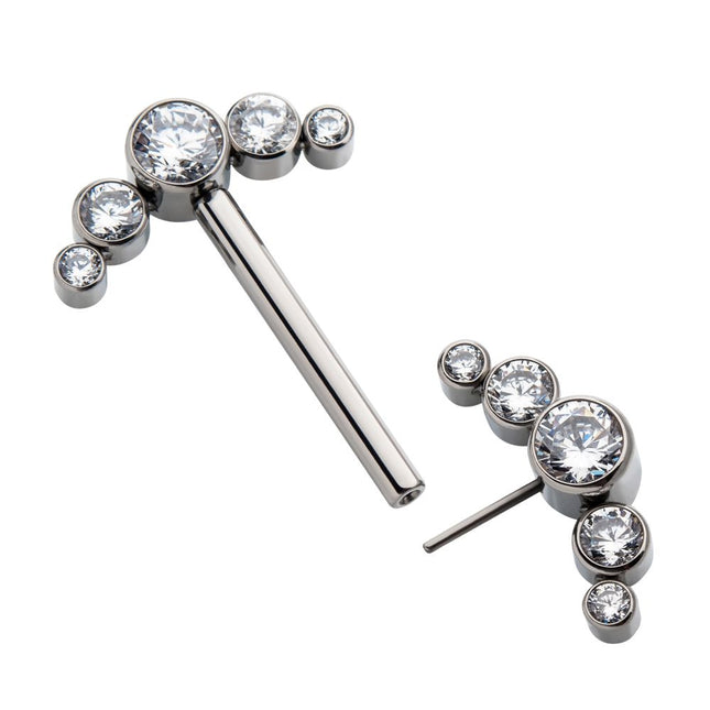 Invictus Titanium with One Side Fixed & One Side Threadless Nipple Barbell with Bezel Set CZ 5-Cluster Ends