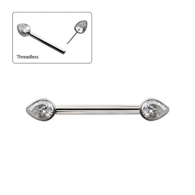 Invictus Titanium Bezel Set Teardrop Gem End Nipple Barbell (One Side Fixed, One Side Threadless) | Sold by piece