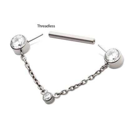 Invictus Titanium Threadless Bezel Round CZ Nipple Barbell with Dangle Chain | Sold by piece
