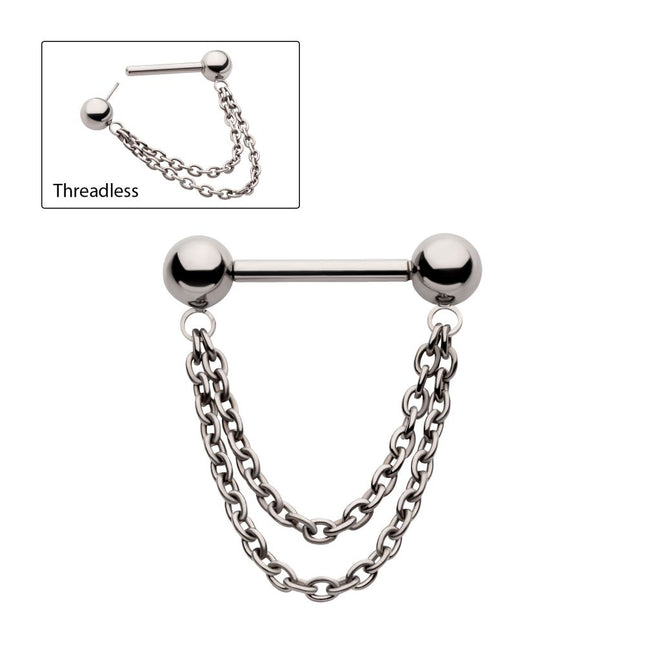 Invictus Titanium Double Chain Dangle with One Side Threadless, One Side Fixed Nipple Bar
