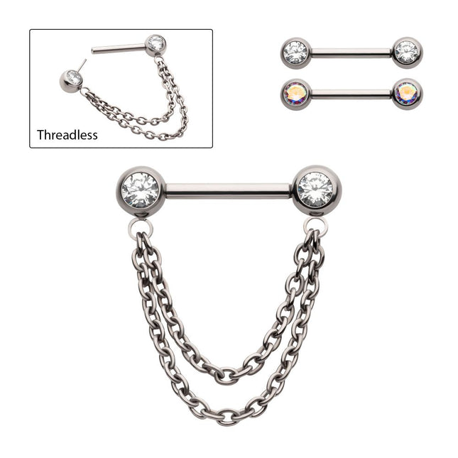 Invictus Titanium Double Chain Dangle with One Side Threadless, One Side Fixed Bezel Set Gem Nipple Bar