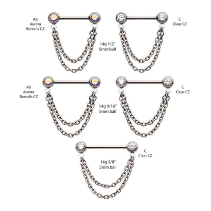 Invictus Titanium Double Chain Dangle with One Side Threadless, One Side Fixed Bezel Set Gem Nipple Bar