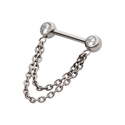 Invictus Titanium Double Chain Dangle with One Side Threadless, One Side Fixed Bezel Set Gem Nipple Bar