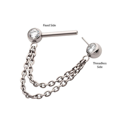Invictus Titanium Double Chain Dangle with One Side Threadless, One Side Fixed Bezel Set Gem Nipple Bar