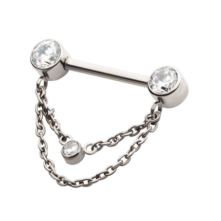 Invictus Titanium Threadless Bezel Round CZ Nipple Barbell with 2 Tier Chain | Sold by piece
