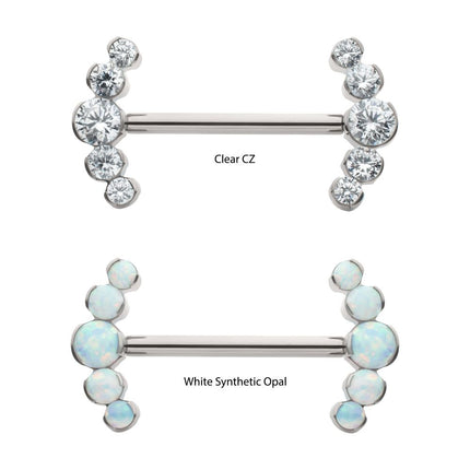 Invictus Titanium Semi-Bezel Set Round Gem/Opal 
5-Cluster End Nipple Barbell 
(One Side Fixed, One Side Threadless ) | Sold by piece
