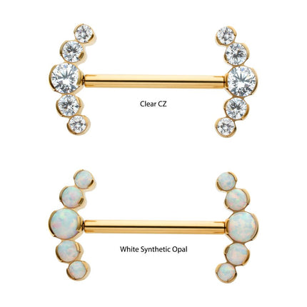 Invictus 24Kt Gold PVD Titanium Semi-Bezel Set Round Gem/Opal 
5-Cluster End Nipple Barbell 
(One Side Fixed, One Side Threadless ) | Sold by piece