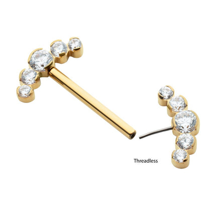 Invictus 24Kt Gold PVD Titanium Semi-Bezel Set Round Gem/Opal 
5-Cluster End Nipple Barbell 
(One Side Fixed, One Side Threadless ) | Sold by piece