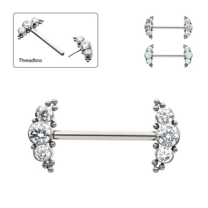 Invictus Titanium Beads and Semi-Bezel Set Round Gem/Opal 
3-Cluster Ends Nipple Barbell 
(One Side Fixed, One Side Threadless ) | Sold by piece